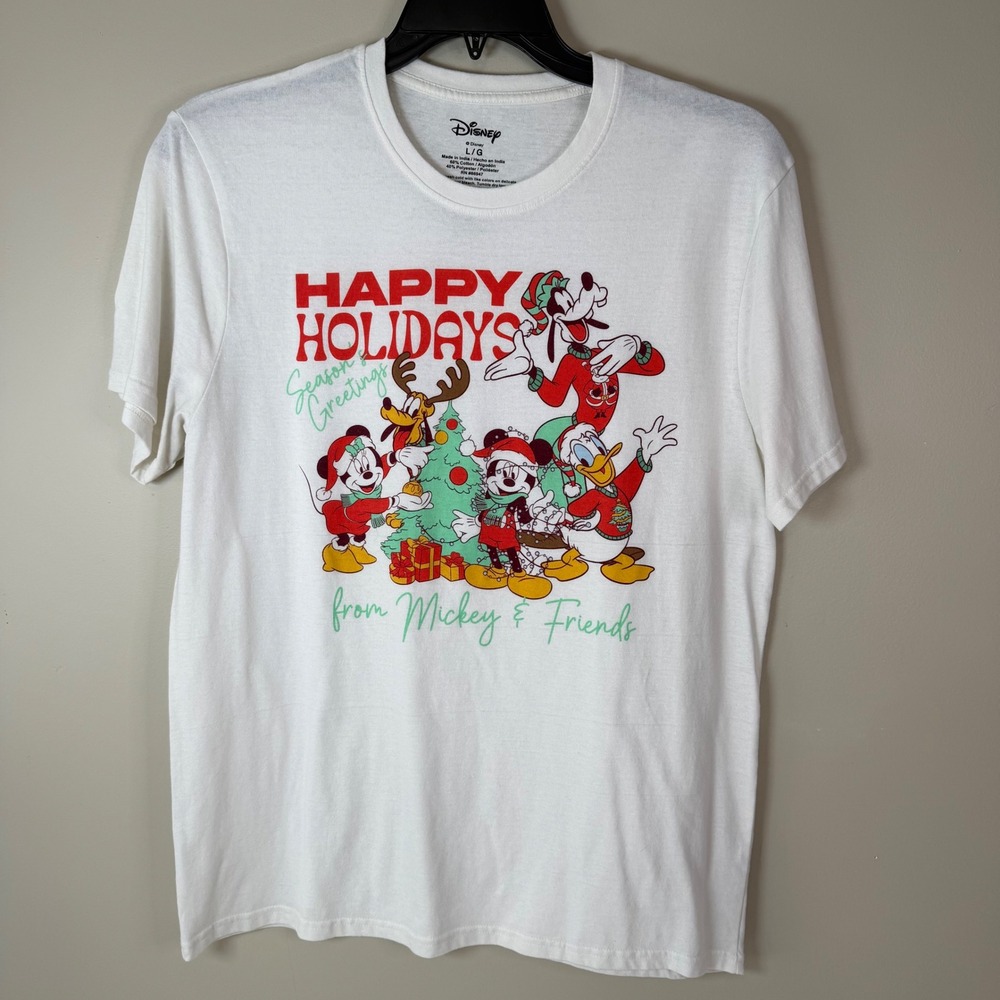 Disney Mickey Mouse Friends Happy Holidays Graphic T Shirt White LG Christmas